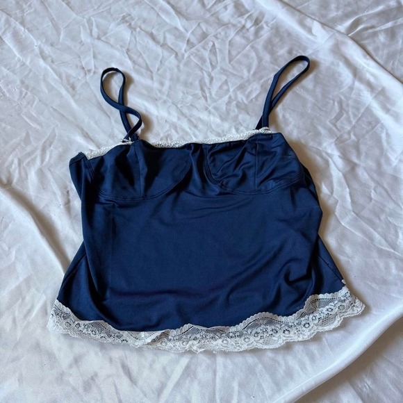 Tops - Blue and White Lace Cami Top Y2K